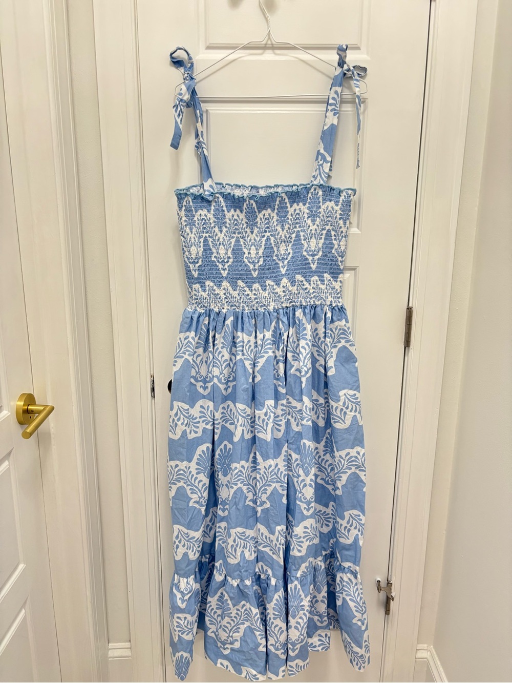 Boutique Style - Smocked Blue & White Floral Tie-Shoulder Dress